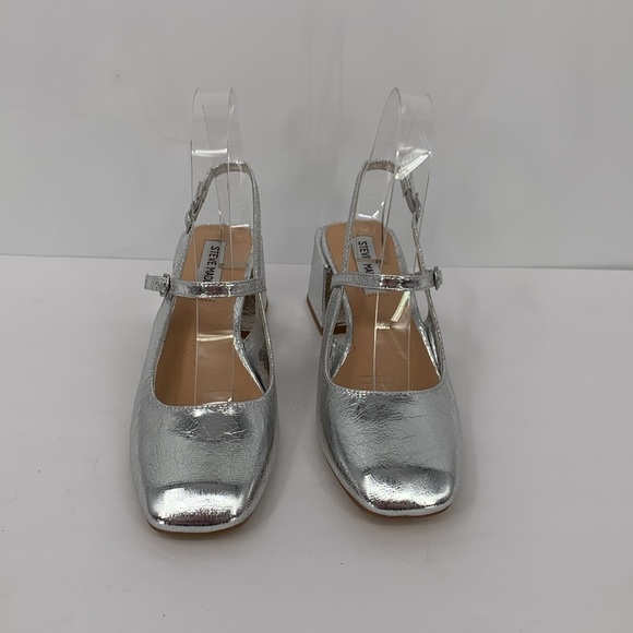 Steve Madden Emjay slingback pumps shoe crinkle silver metallic block heel new 8 - Picture 3 of 6